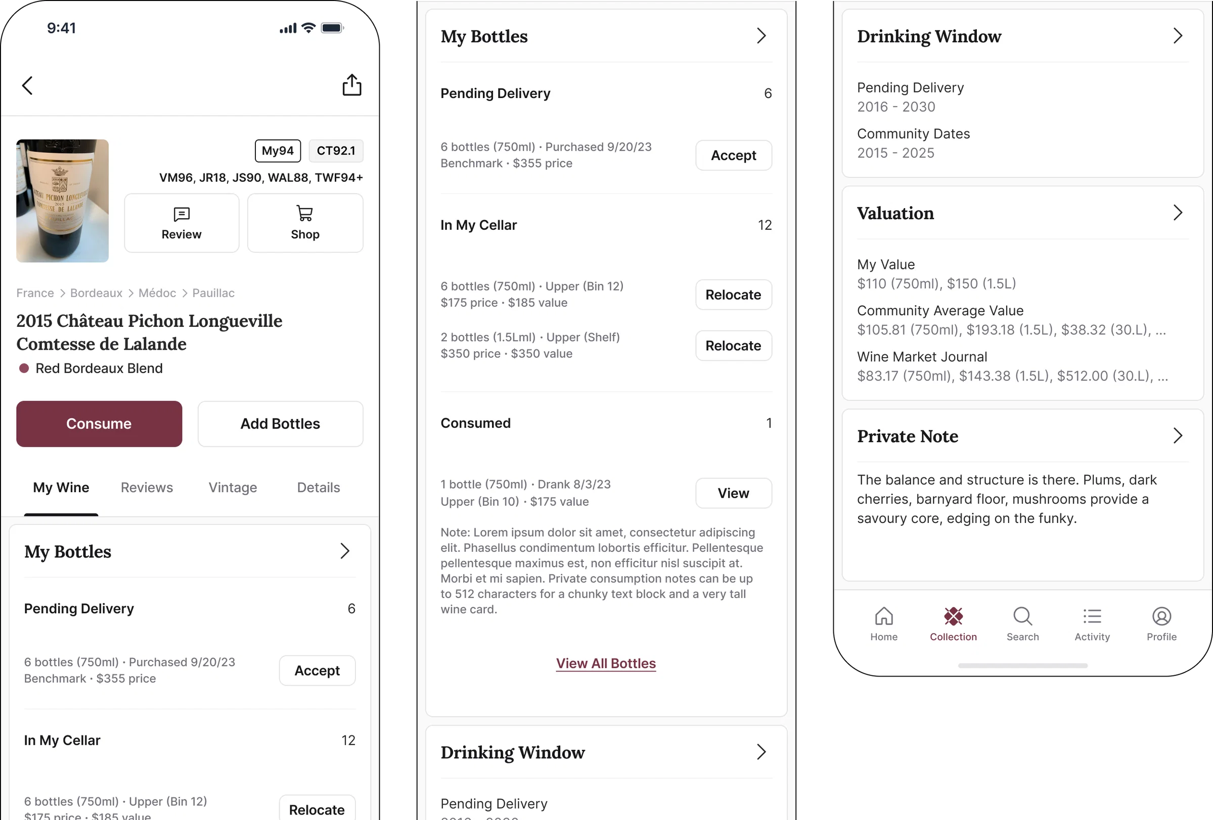 Include bottle details, consumption history, location, pro ratings, and more with re-designed wine details