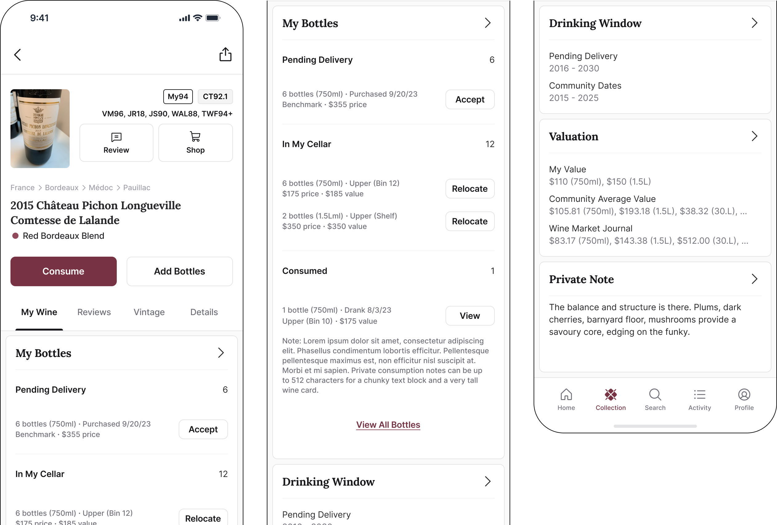 Include bottle details, consumption history, location, pro ratings, and more with re-designed wine details