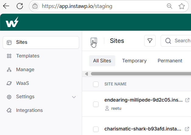 InstaWP Dashboard sidebar