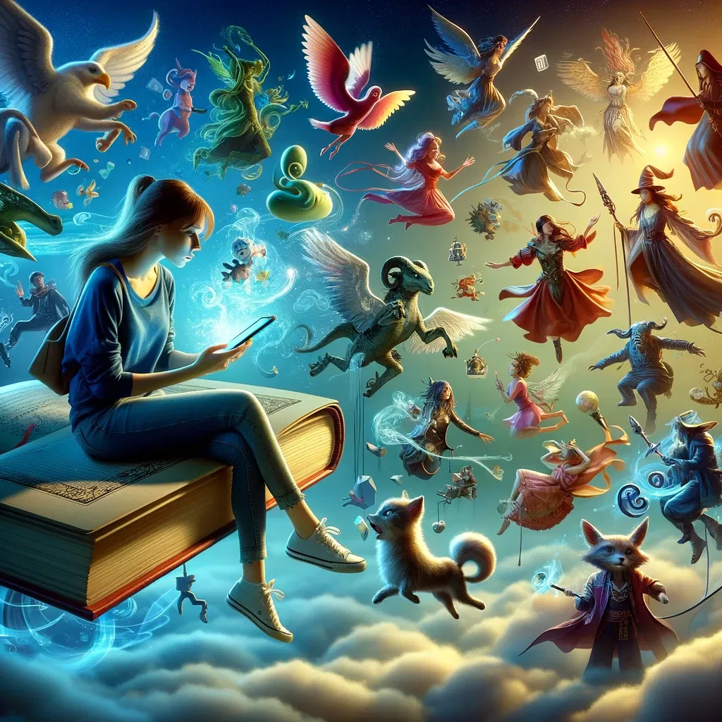 DALL·E 2024-02-10 17.07.49 - A girl sits on a floating book in the air, looking intently at her smartphone. Around her, various characters from the smartphone's screen - including