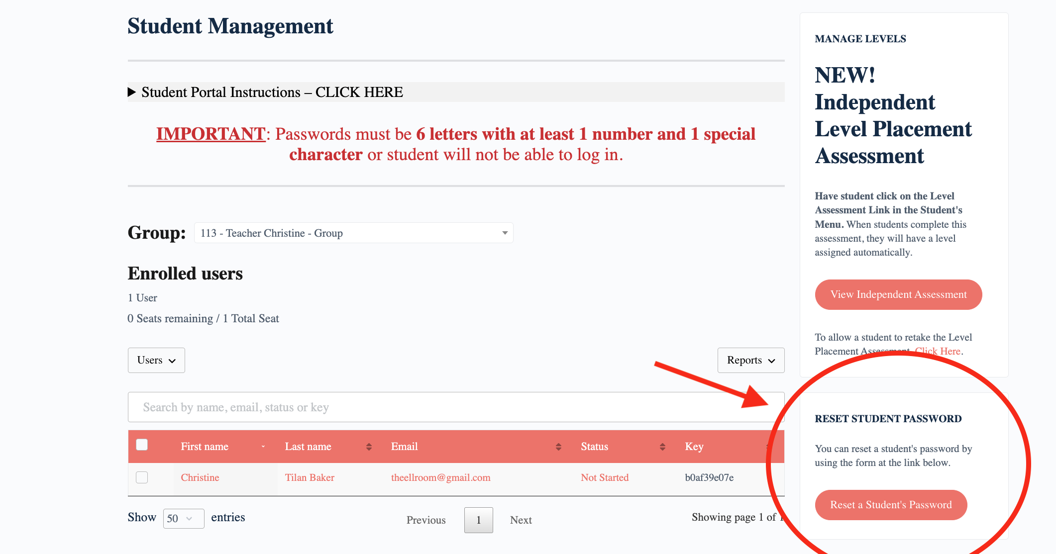 Reset Student Password in Student Portal Form Pic