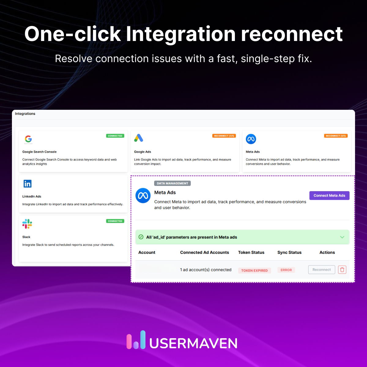 Integration reconnect Usermaven