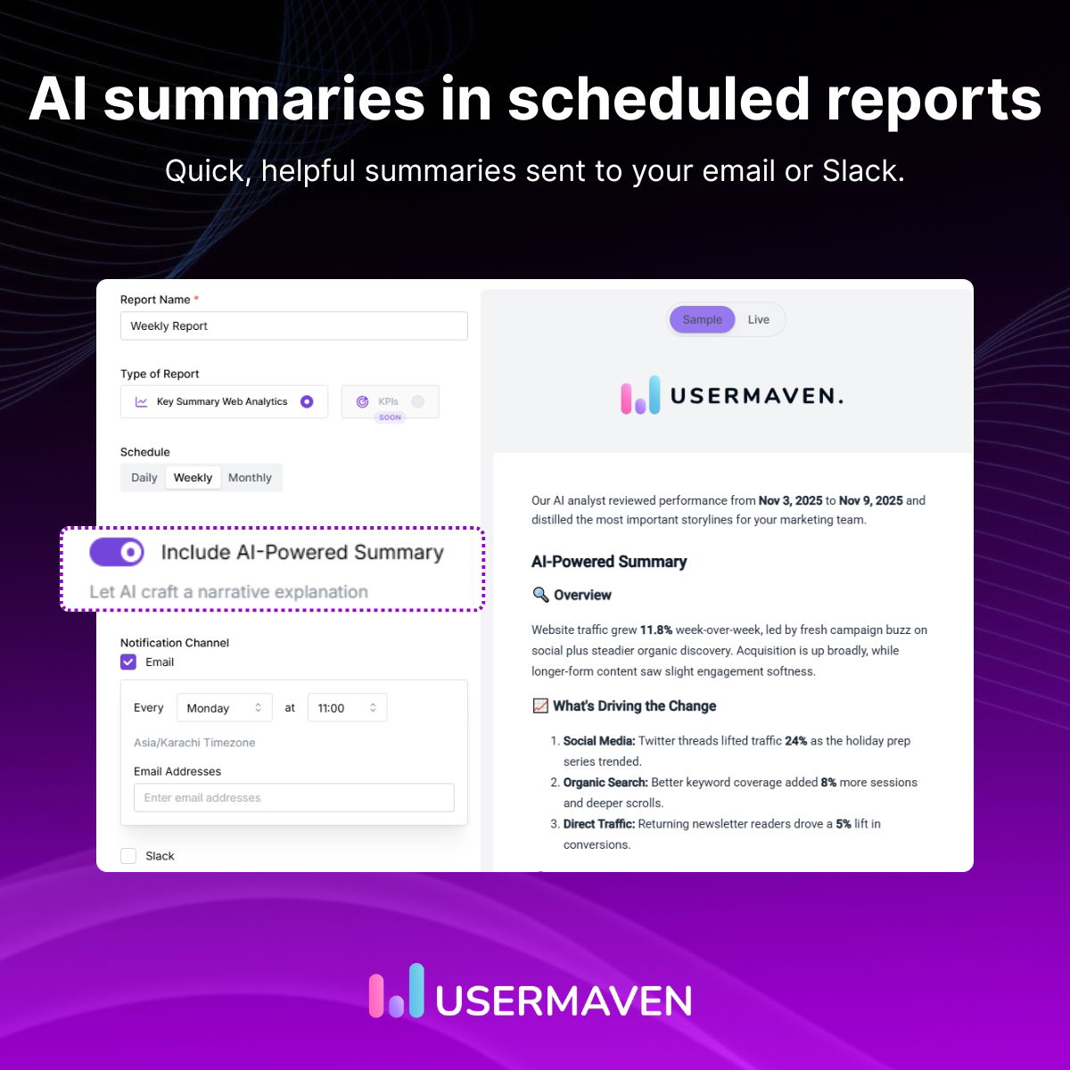 AI summaries in scheduled reports Usermaven