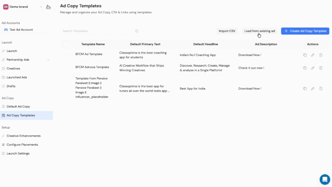 Load ad copy with existing ads