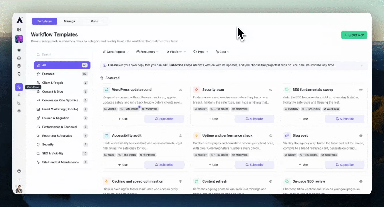 Workflow template showing the Use and Subscribe buttons