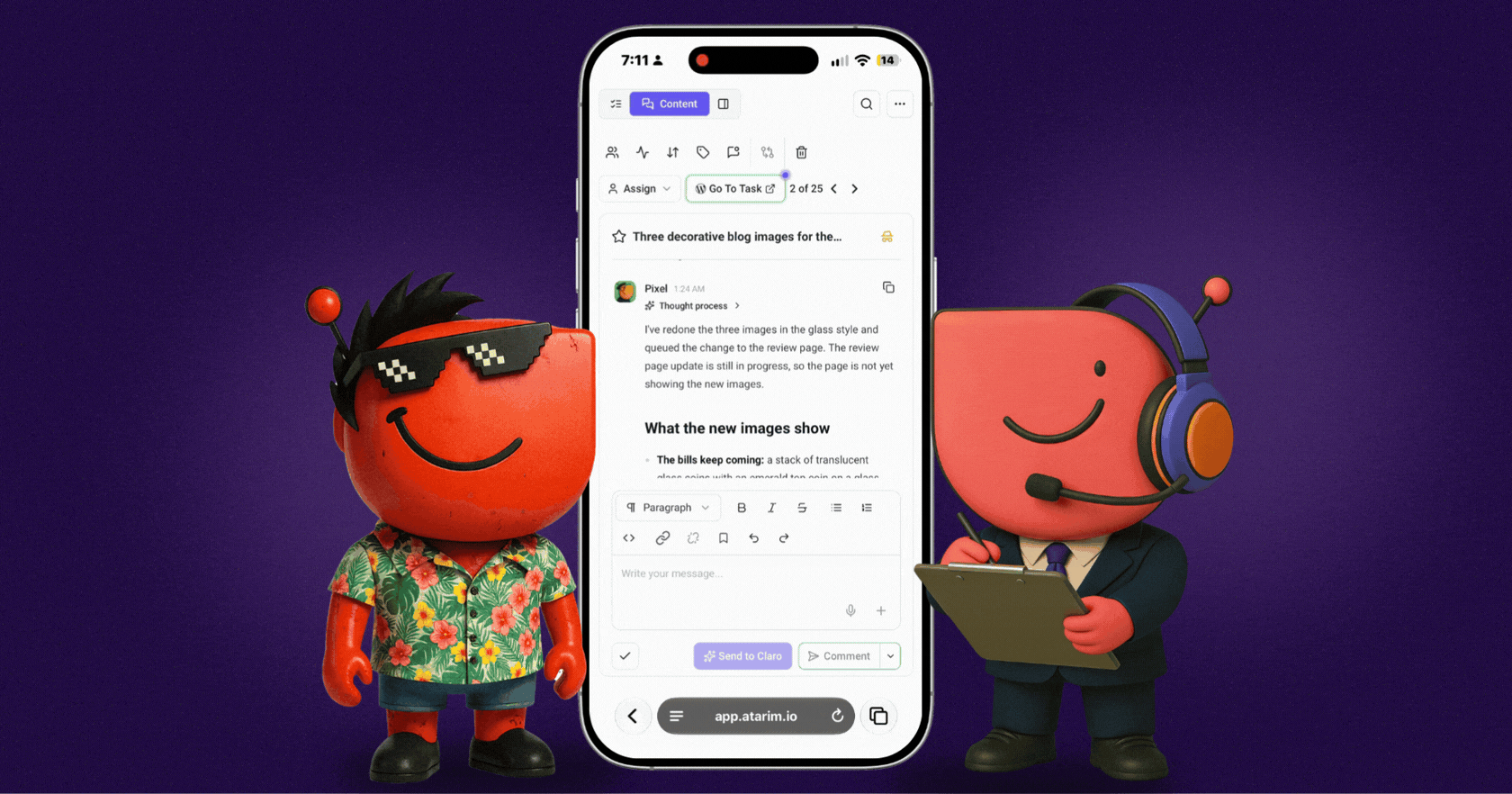 Glitch & Claro showing off Atarim's new mobile view