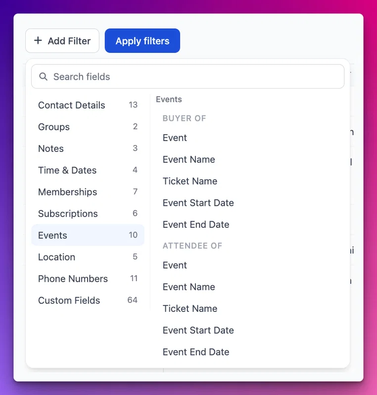 The new Events contact filters