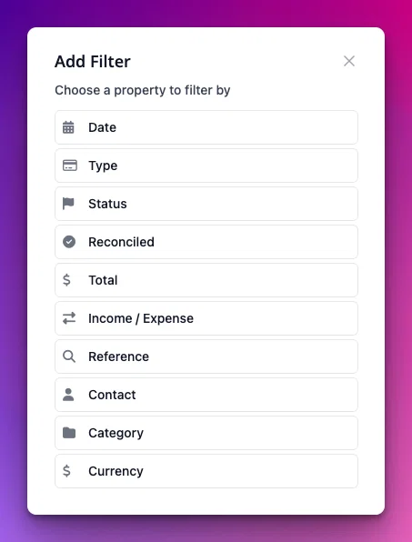 Transactions Filter options